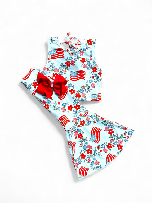 Girls Boho Patriotic Wide Waisted Flare Pants Set with Matching Bow - Bowtism